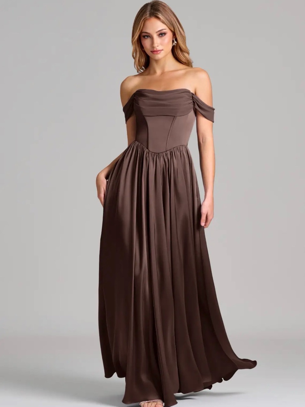 Azazie Raisa Off-the-Shoulder Evening Gown/Bridesmaids Dress in Ganache Size A6 - Picture 3 of 6